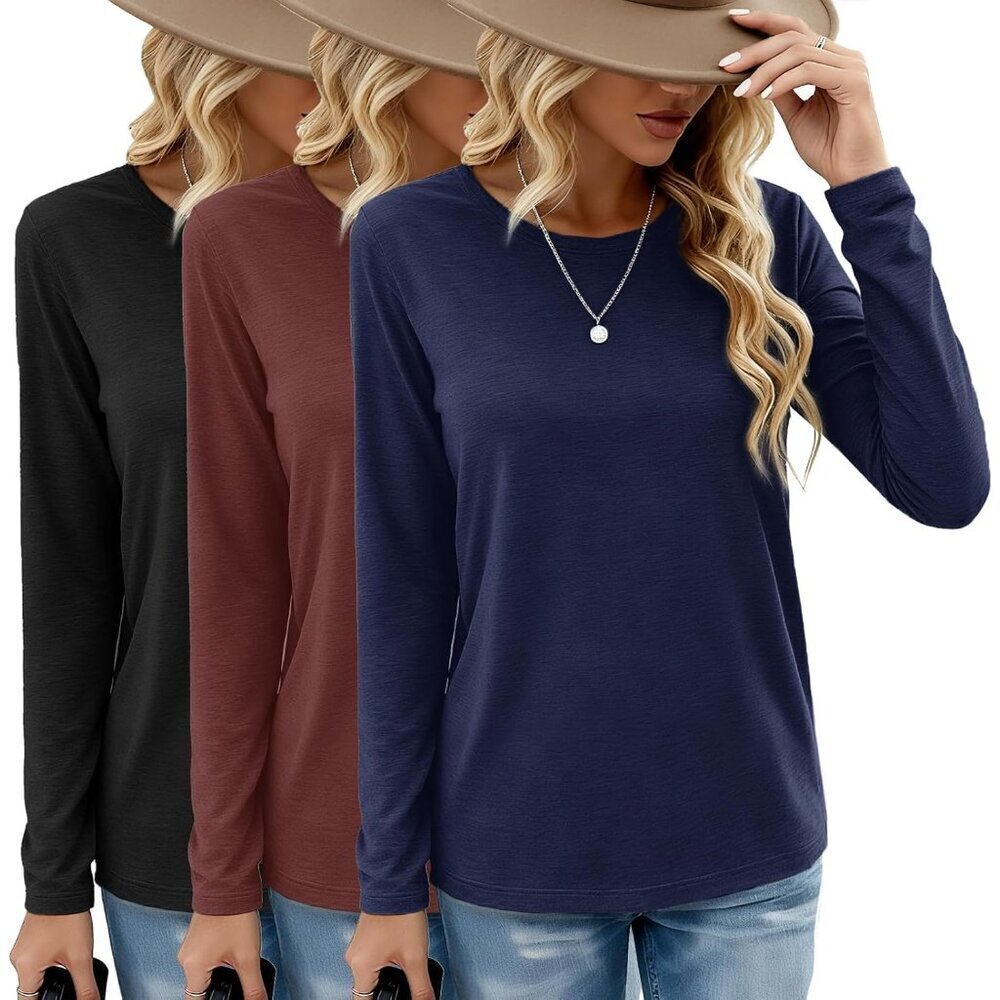 3 Pack Long Sleeve Shirts for Women - Loose Fit Crew Neck Basic Tees Fall Tops O